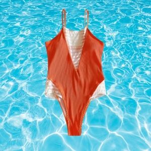 Orange Ribbed Mesh Trim One Piece Swimsuit